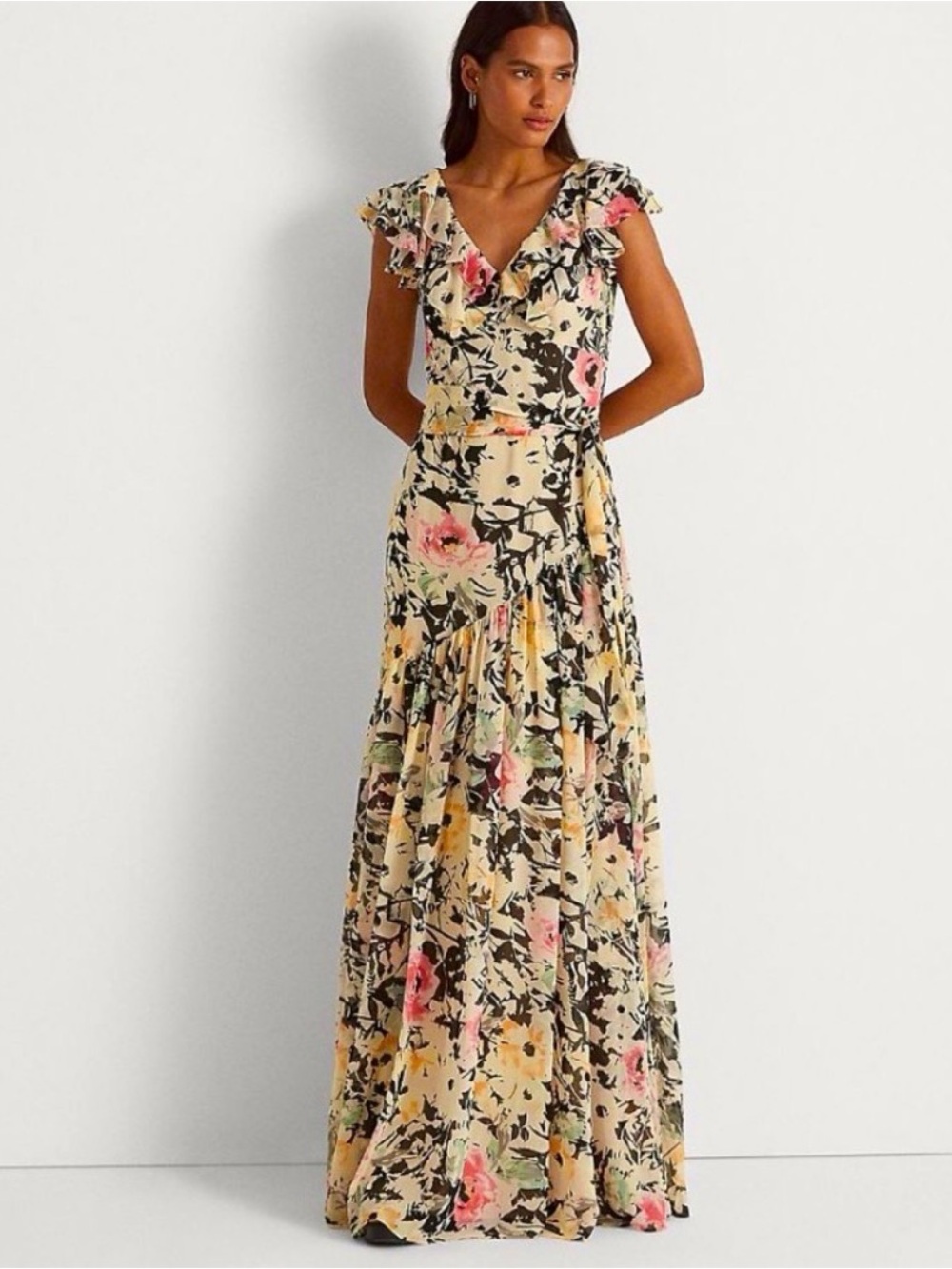 Ralph Lauren Ruffle Maxi Dress in Cream and Pink
